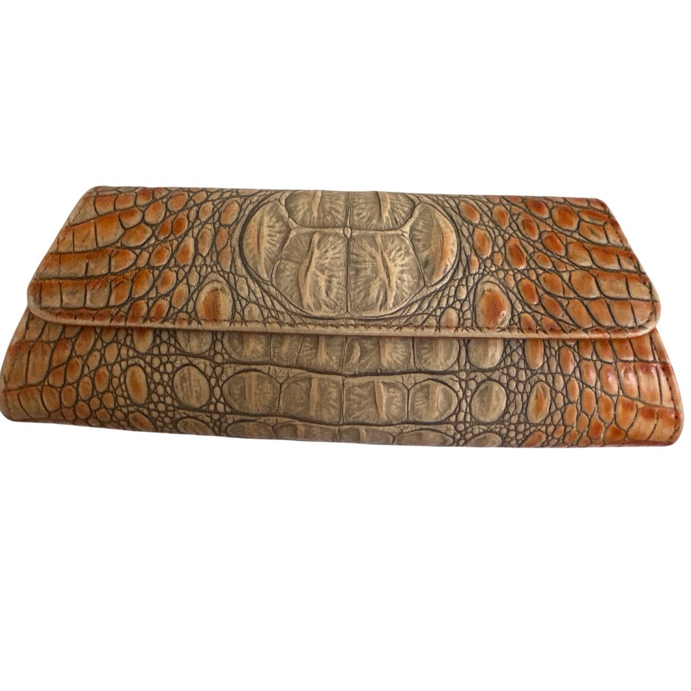 Lala Women Tan Orange Crocodile Embossed Leather Hornback Envelope Clutch Bag